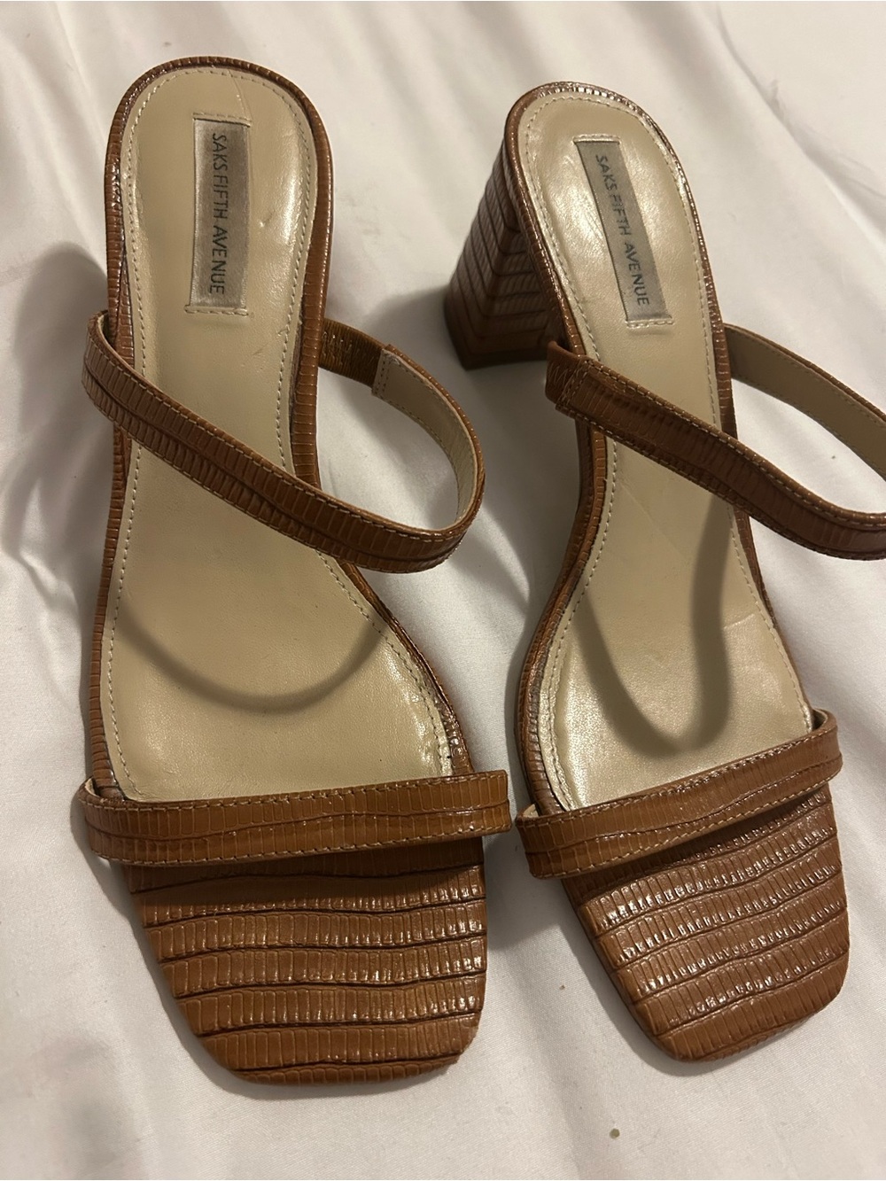 Saks Fifth Avenue Brown Textured Leather Strappy Block Heel Sandals
